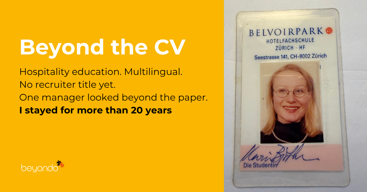 A student foto from 1995 showing transferrable skills from hospitality to recruitment